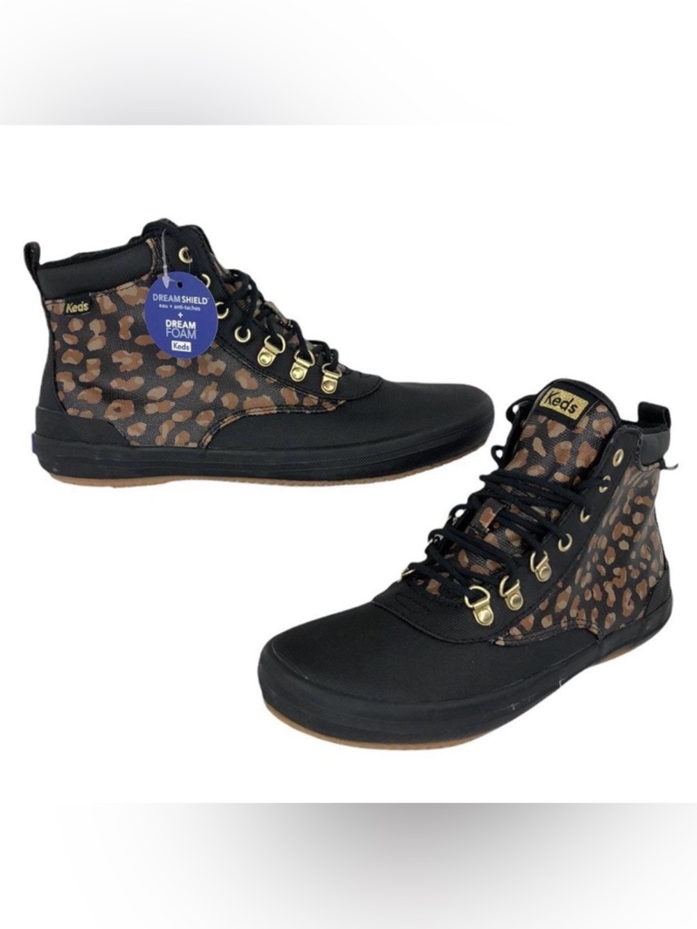 Keds Black Canvas Lace-Up Boots Leopard Print Panels dream foam 6.5 waterprooof